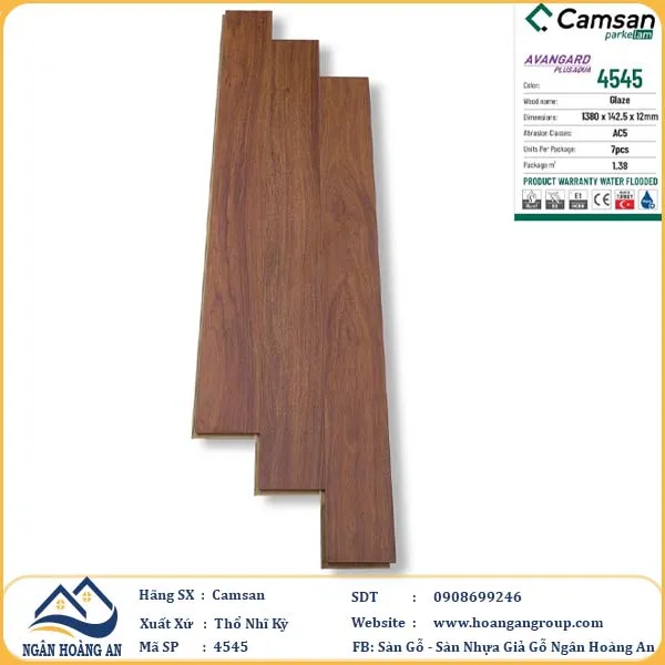 Sàn Gỗ Công Nghiệp Camsan Hèm V 4545 12mm